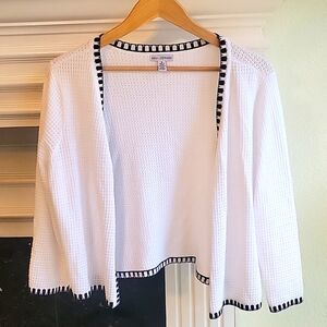 Nina Leonard Crochet Cardigan, white with black trim, sz M